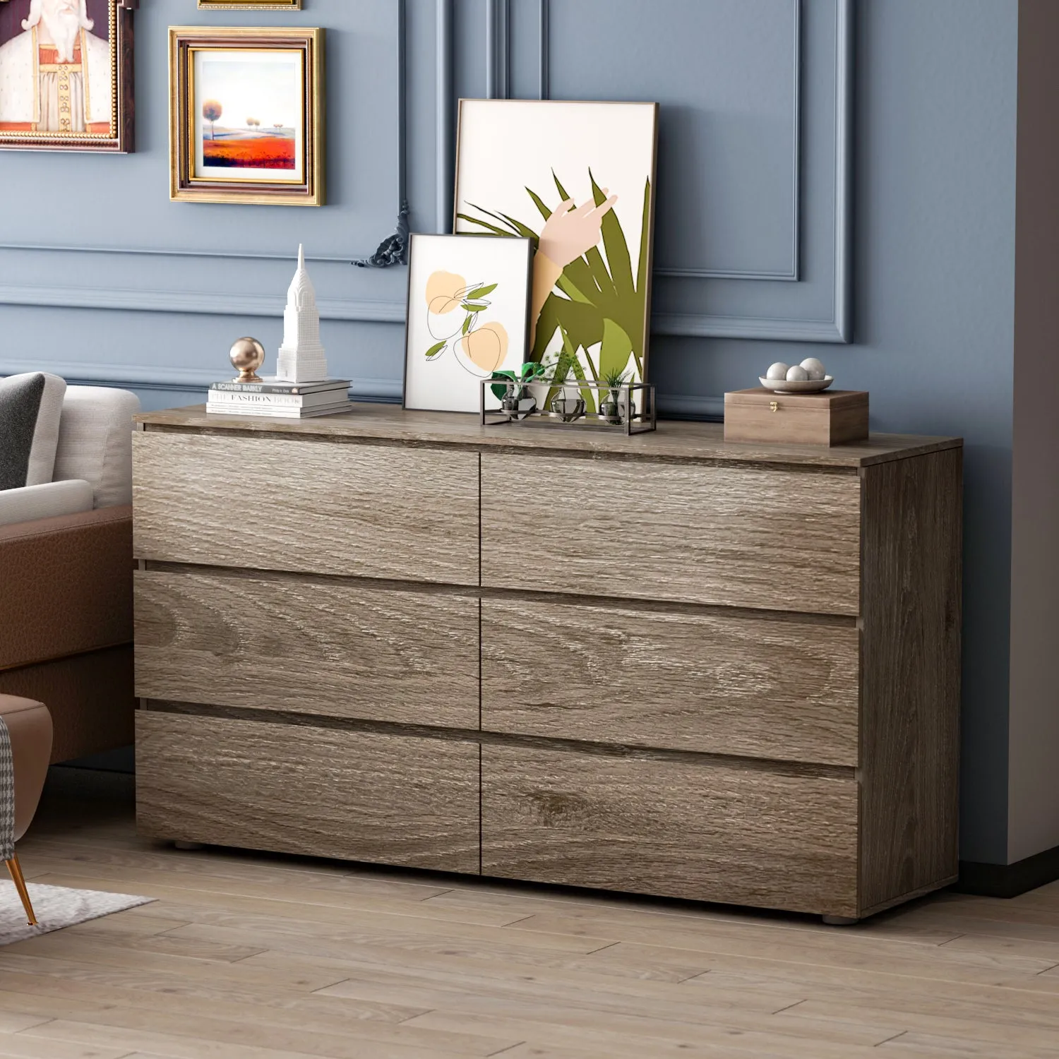 Distressed 6-Drawer Sideboard with Grain Texture - 59" Wide