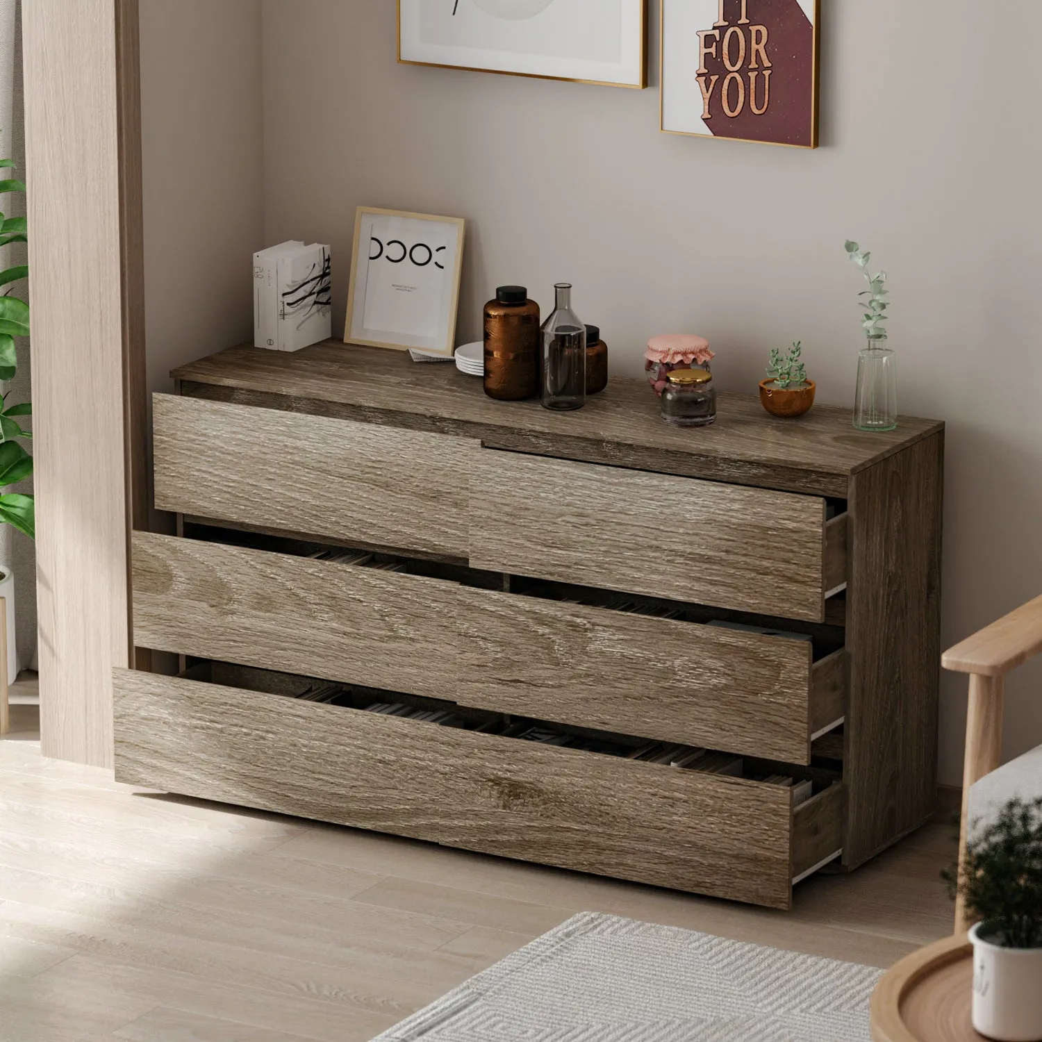 Distressed 6-Drawer Sideboard with Grain Texture - 59" Wide