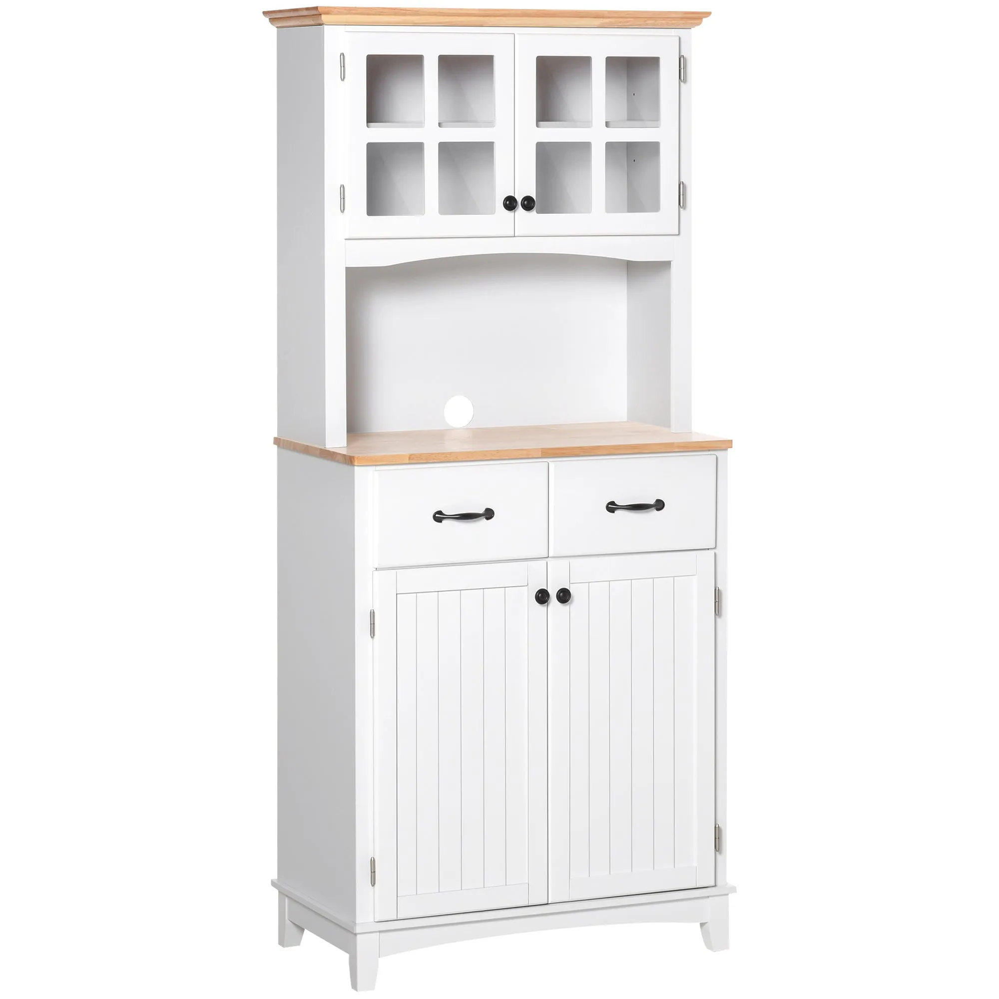 Freestanding Kitchen Cupboard, Kitchen Storage Cabinet with Framed Glass Doors, 2 Drawers, Microwave Counter, White