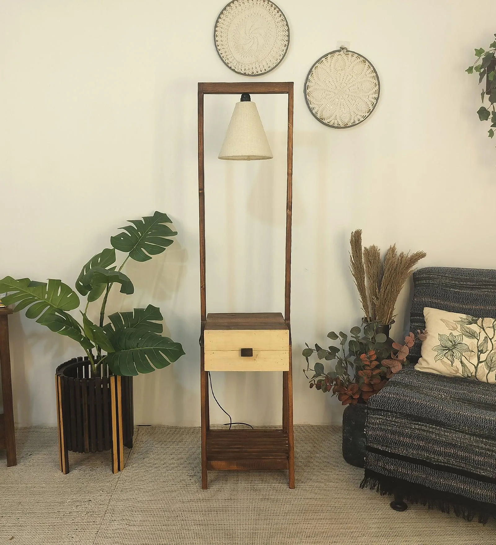 Gabrielle Wooden Floor Lamp with Brown Base and Jute Fabric Lampshade