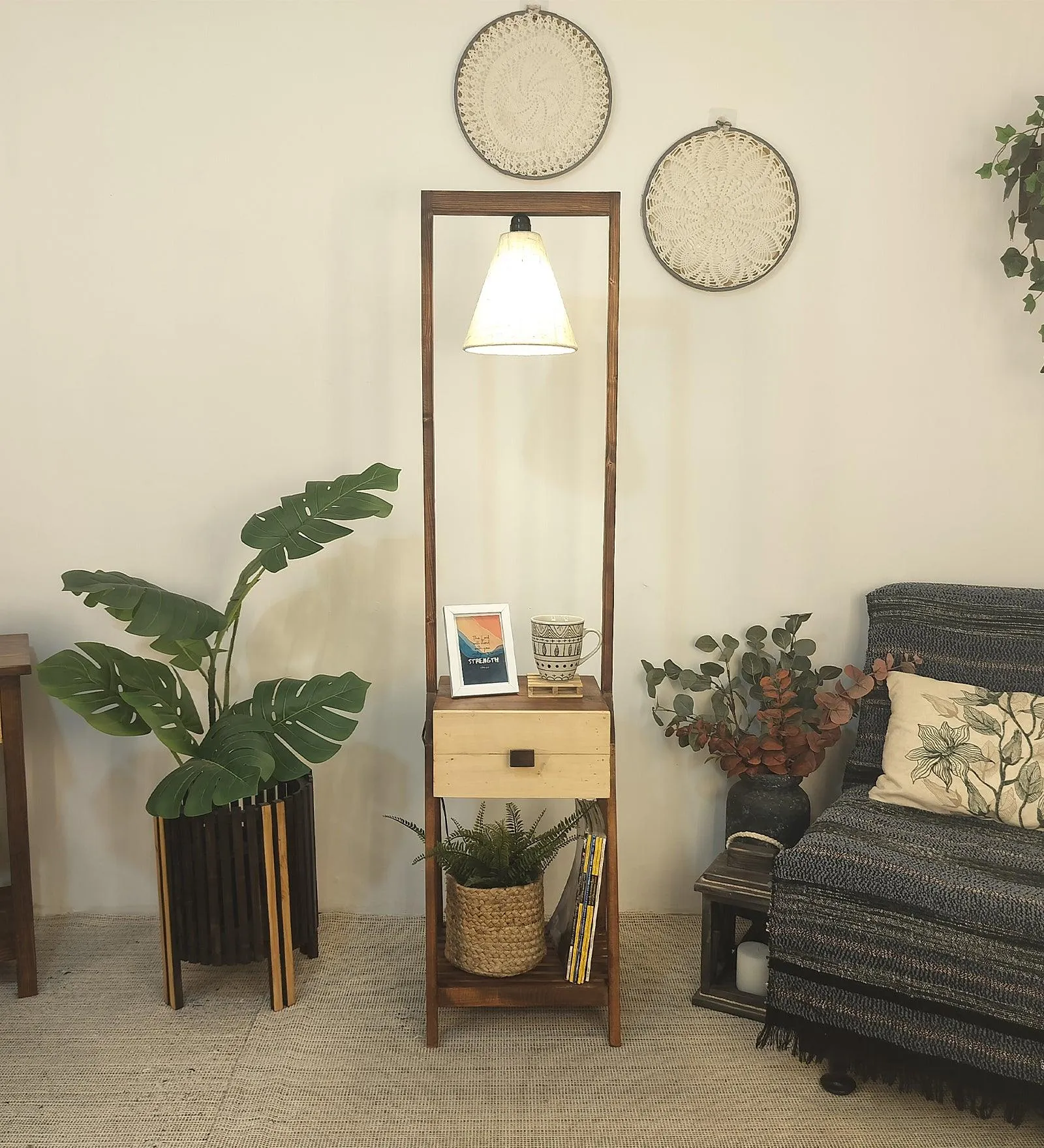 Gabrielle Wooden Floor Lamp with Brown Base and Jute Fabric Lampshade