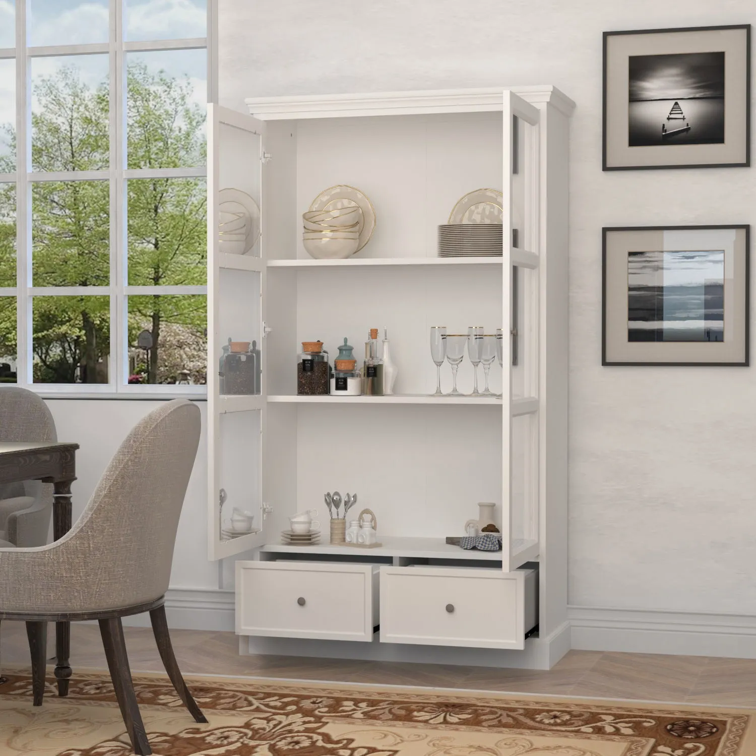 Glass Door Bookcase Display Spacious Cabinet with Drawers