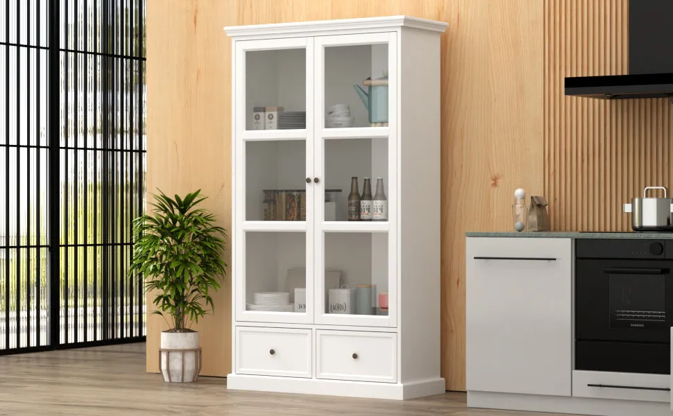 Glass Door Bookcase Display Spacious Cabinet with Drawers