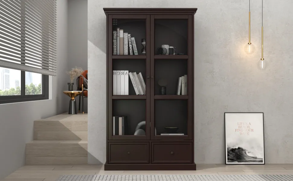 Glass Door Bookcase Display Spacious Cabinet with Drawers