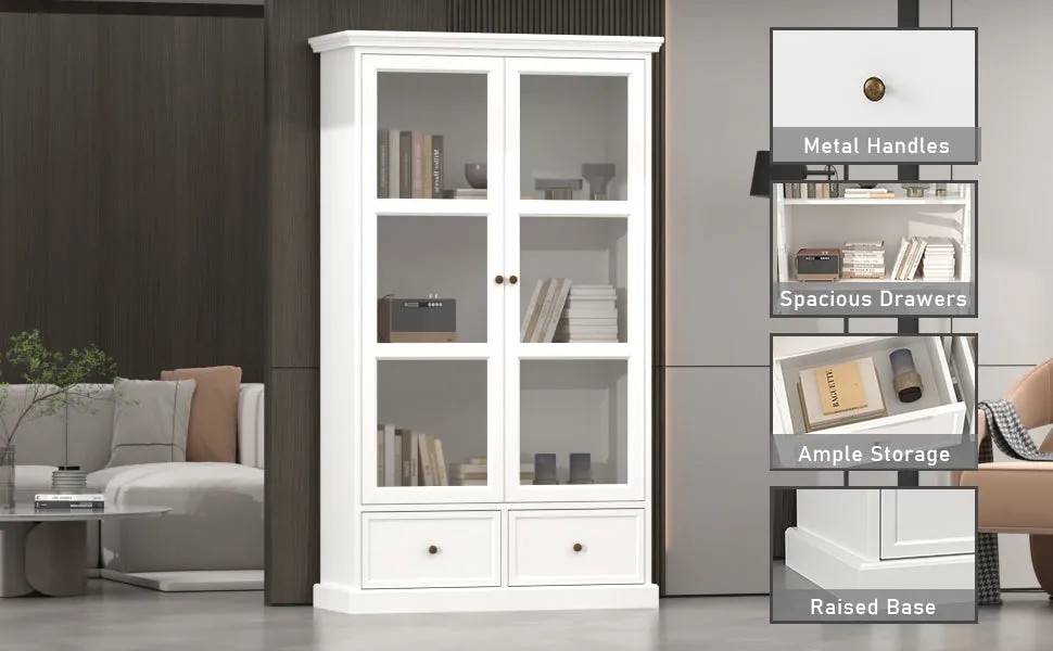 Glass Door Bookcase Display Spacious Cabinet with Drawers