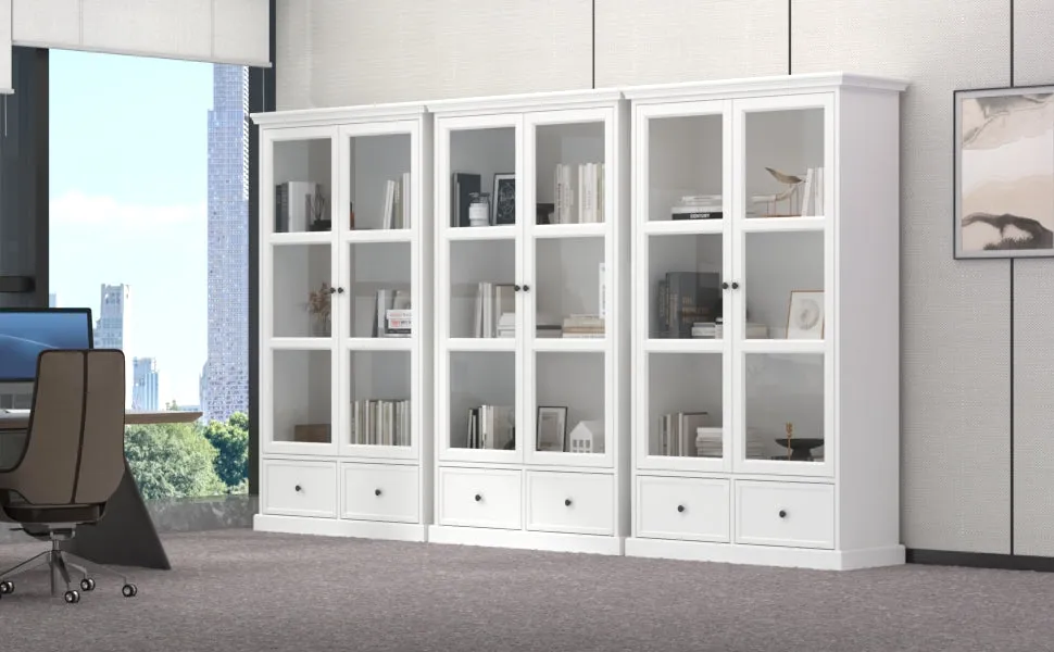 Glass Door Bookcase Display Spacious Cabinet with Drawers