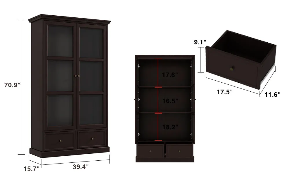 Glass Door Bookcase Display Spacious Cabinet with Drawers