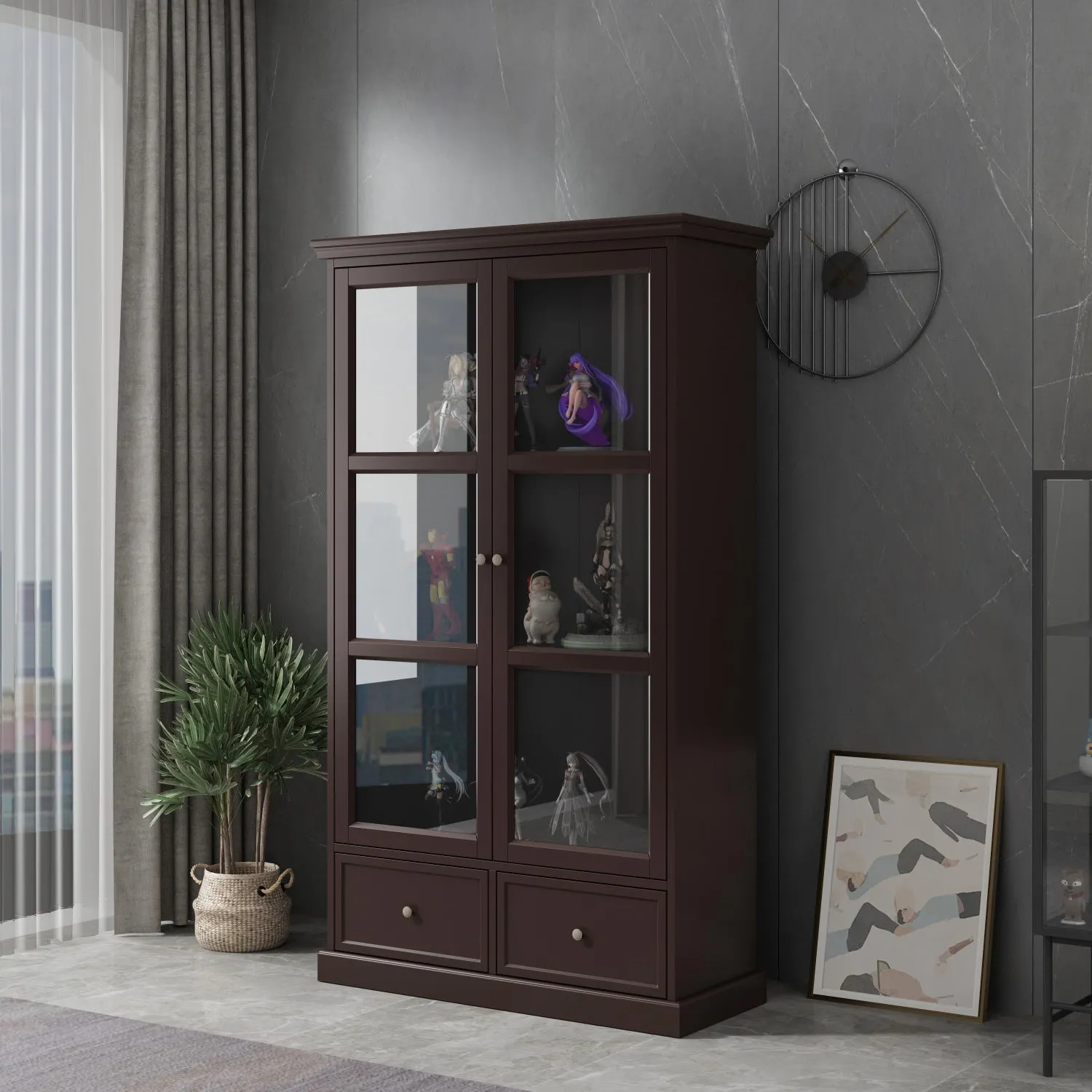 Glass Door Bookcase Display Spacious Cabinet with Drawers