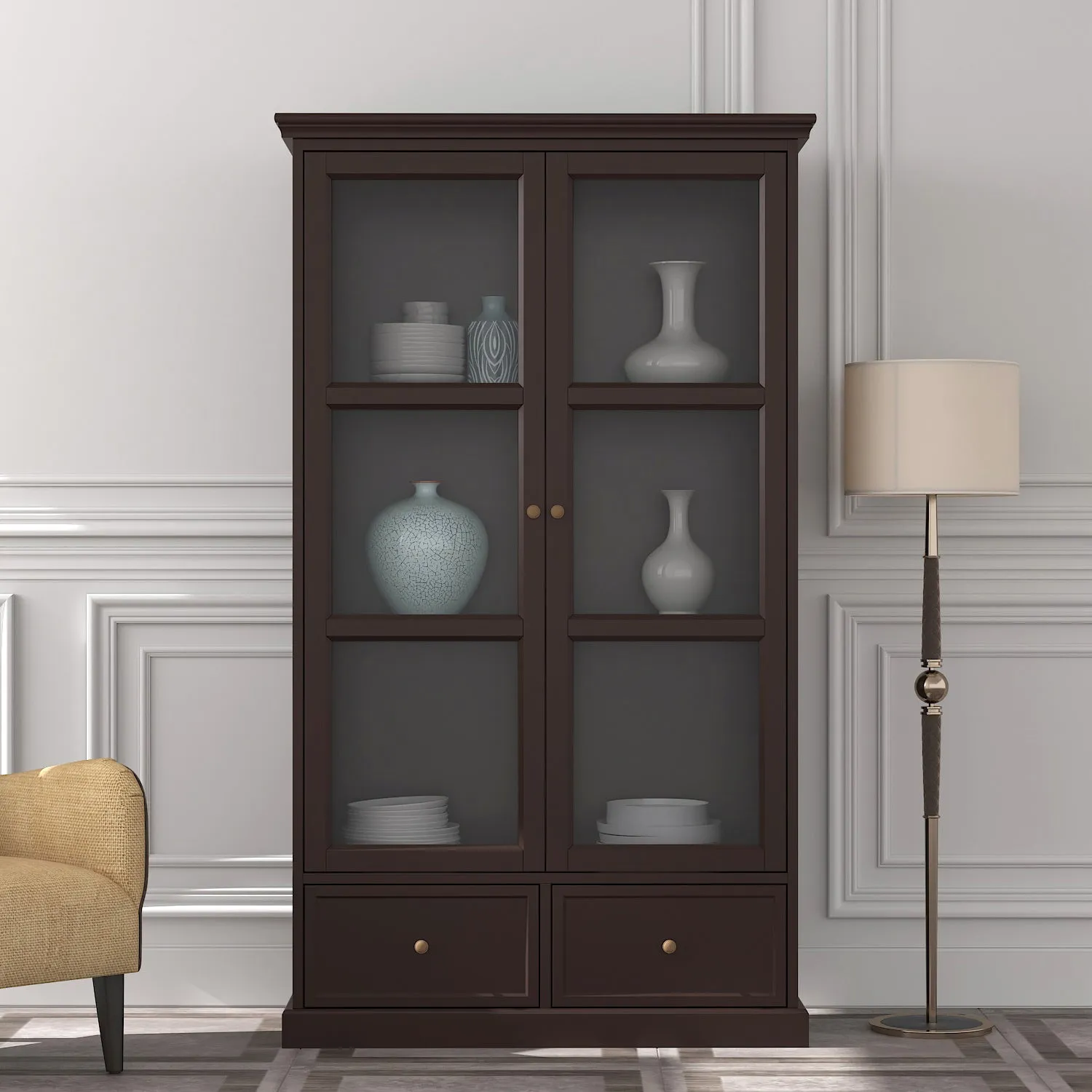 Glass Door Bookcase Display Spacious Cabinet with Drawers