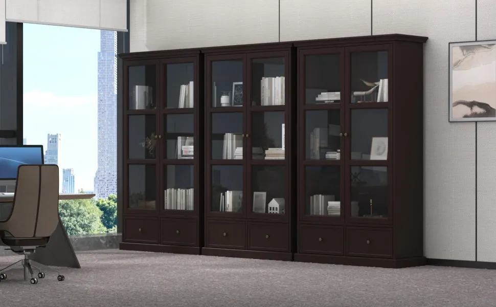 Glass Door Bookcase Display Spacious Cabinet with Drawers