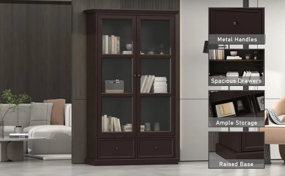 Glass Door Bookcase Display Spacious Cabinet with Drawers