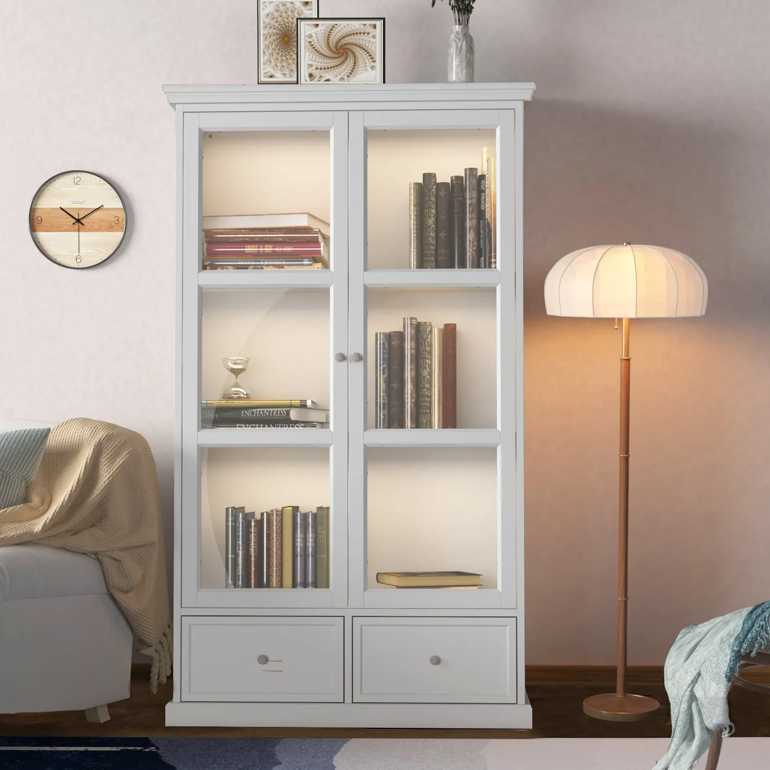 Glass Door Bookcase Display Spacious Cabinet with Drawers