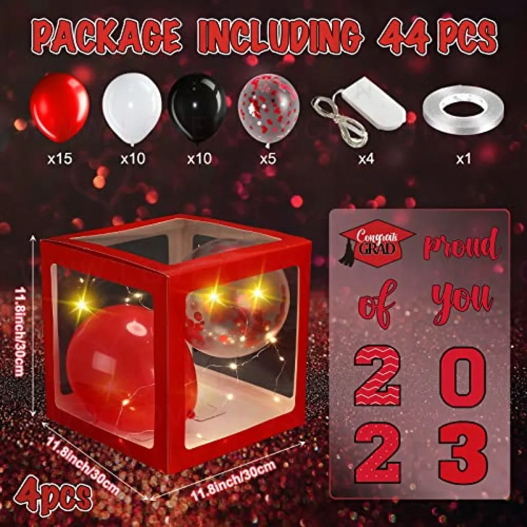 Graduation Box Decorations with Balloon and LED Light Strings Congrats 2023 Grad Party Supplies Proud of You Balloon Boxes for Class of 2023 School College Party Decor, 44 Pieces (Red)