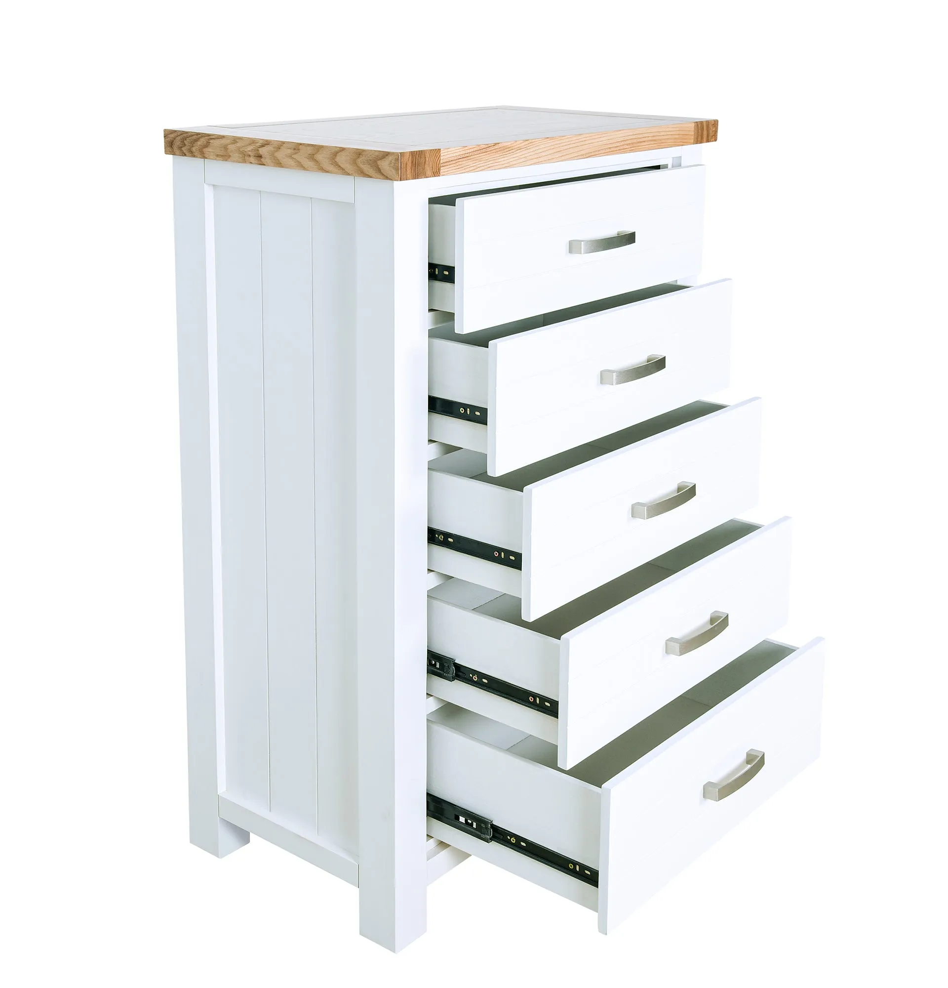 Hampshire 5 Drawer Tallboy White Solid Pine and Ash Wood Top