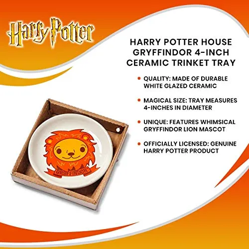 Harry Potter Hogwarts House Gryffindor 4-Inch Ceramic Trinket Tray - Glazed White Pottery Jewelry Holder Plate - Features Cute Cartoon Image of Lion Mascot with Banner - Store Your Keepsakes Safely!