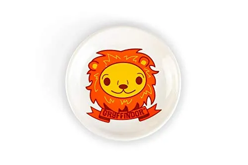 Harry Potter Hogwarts House Gryffindor 4-Inch Ceramic Trinket Tray - Glazed White Pottery Jewelry Holder Plate - Features Cute Cartoon Image of Lion Mascot with Banner - Store Your Keepsakes Safely!