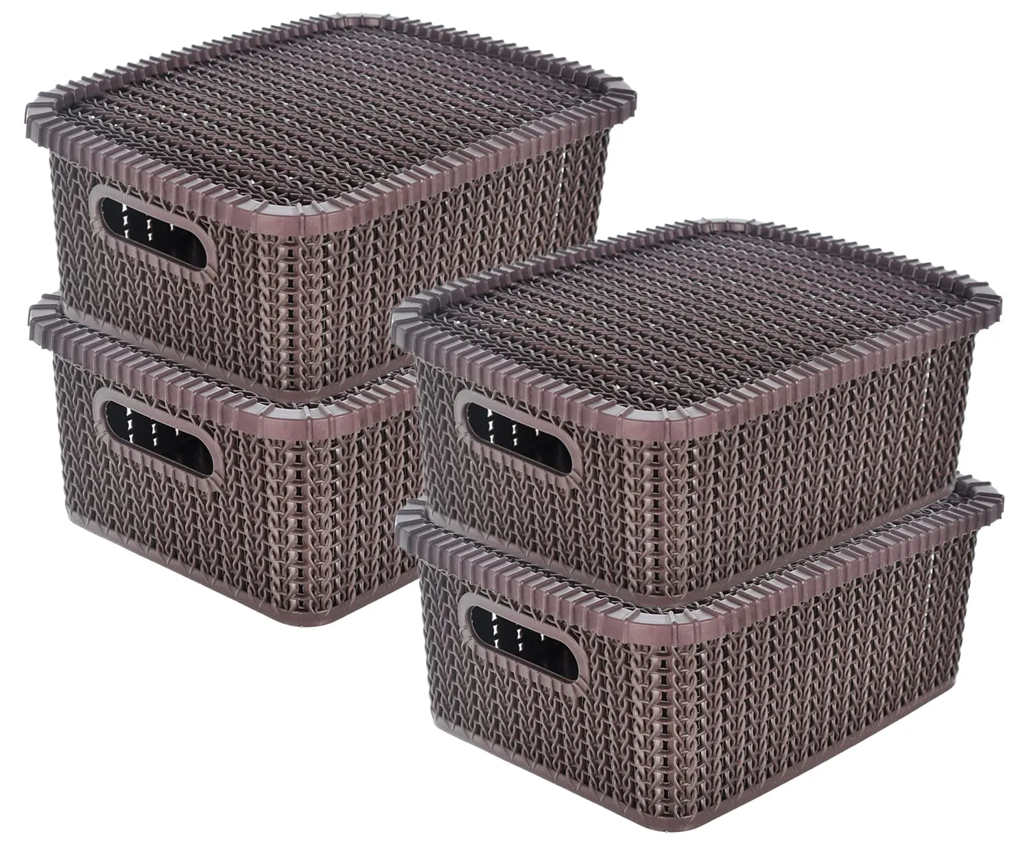 Heart Home Multiuses Large M 20 Plastic Basket/Organizer With Lid- Pack of 4 (Brown) -46HH067