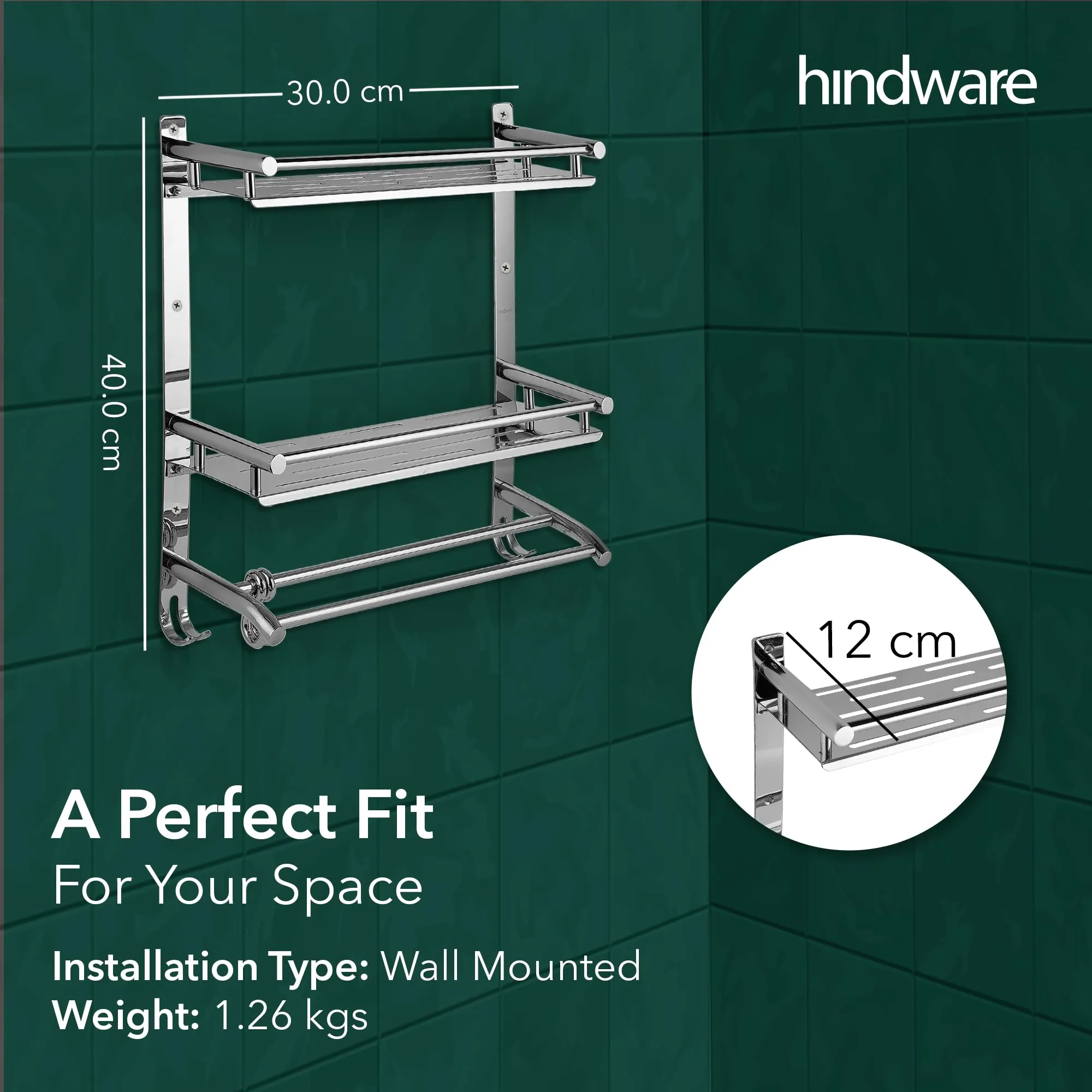 Hindware Bathroom Accessories 3-Layer Multi-Purpose Shelf | Made of Stainless Steel | Foldable & Convenient | Space Saving