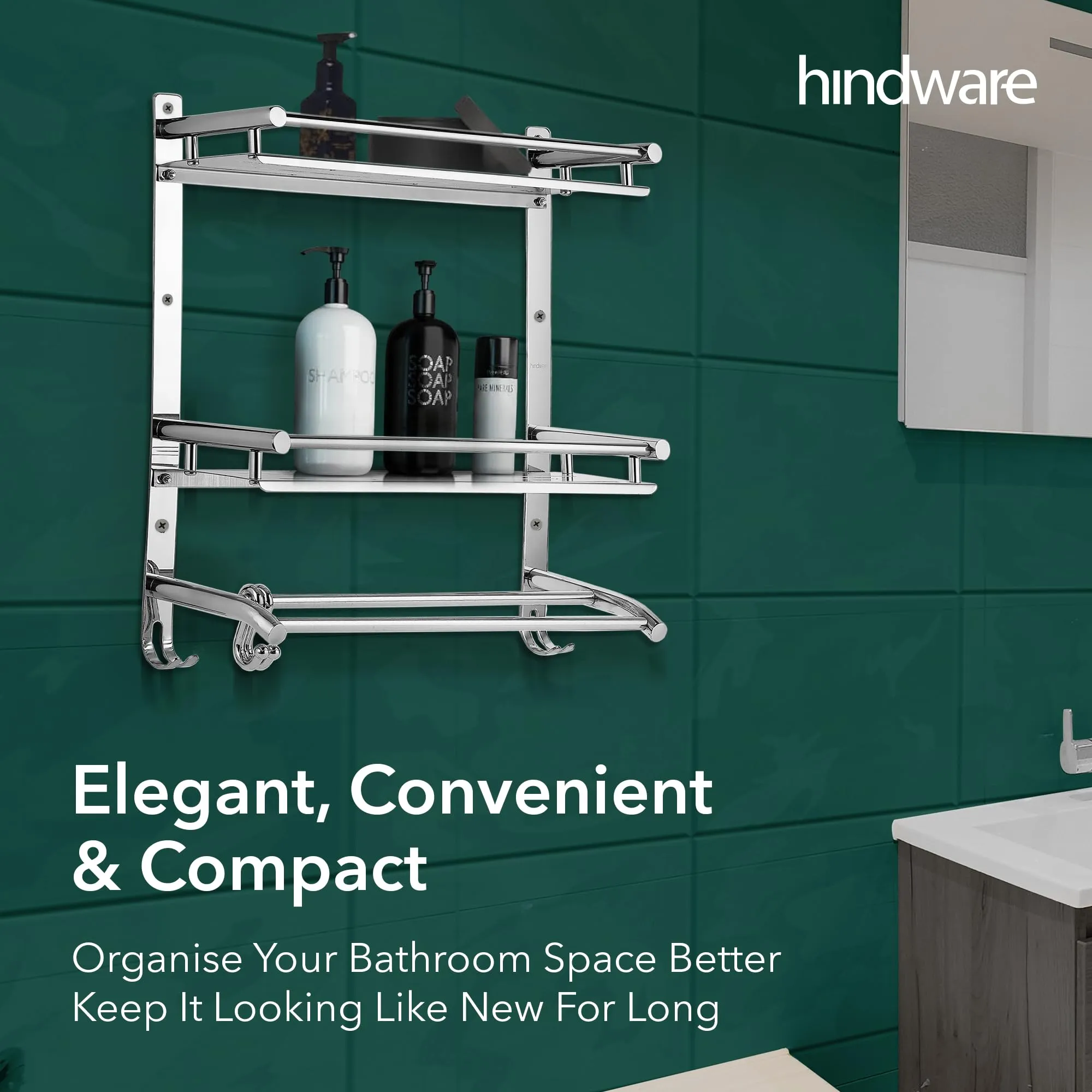 Hindware Bathroom Accessories 3-Layer Multi-Purpose Shelf | Made of Stainless Steel | Foldable & Convenient | Space Saving