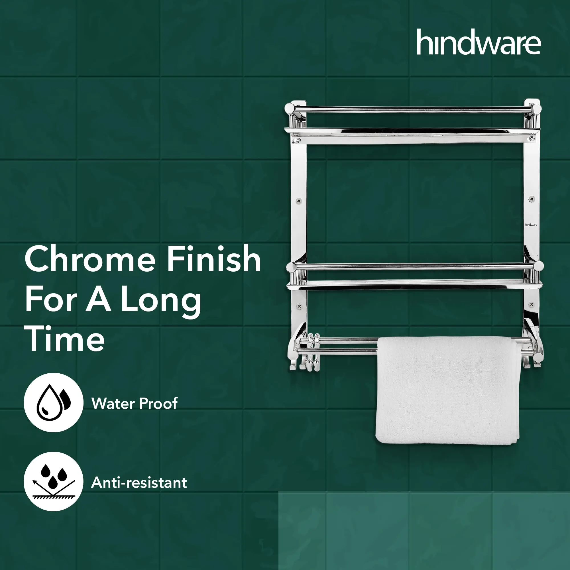 Hindware Bathroom Accessories 3-Layer Multi-Purpose Shelf | Made of Stainless Steel | Foldable & Convenient | Space Saving