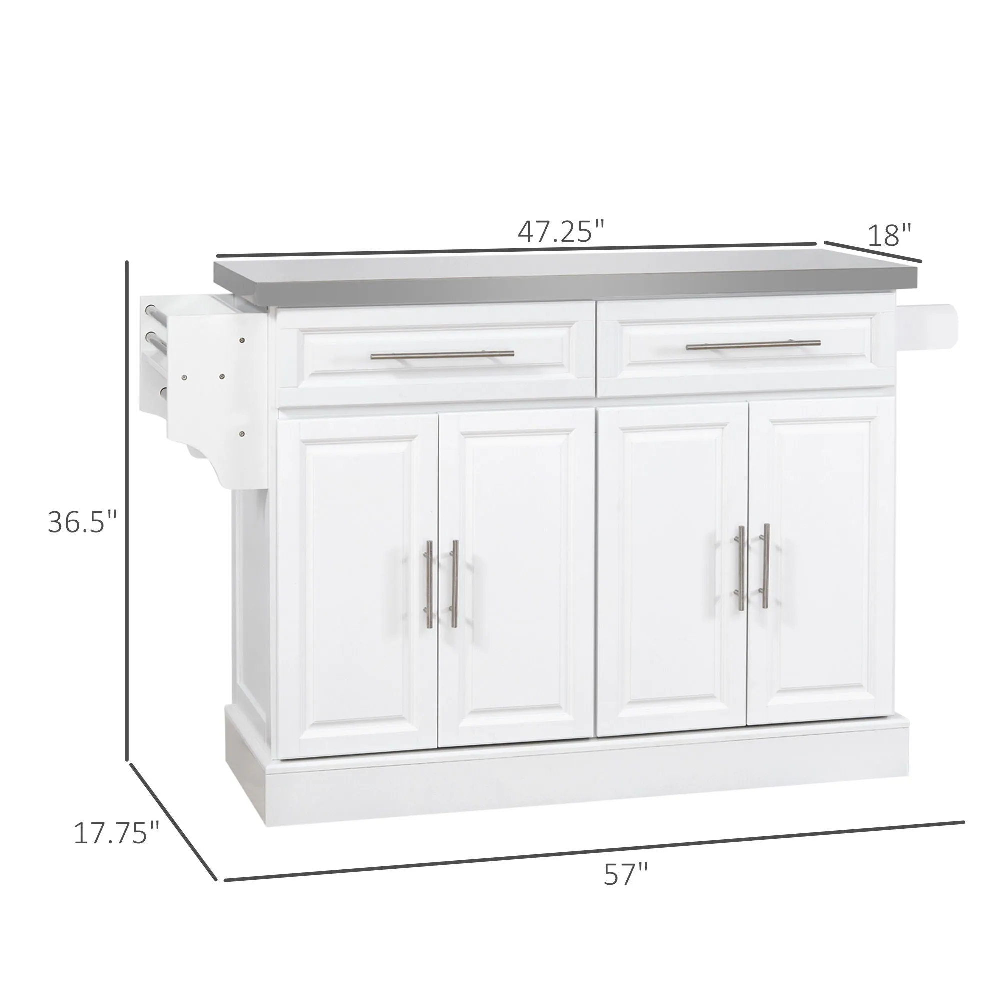 Homcom - Rolling Kitchen Island With Storage, Portable Kitchen Cart With Stainless Steel Top, 2 Drawers, Spice, Knife And Towel Rack And Cabinets