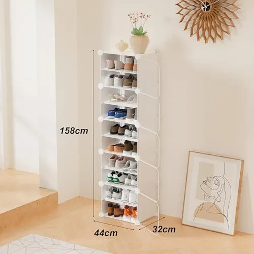 Homeland Plastic Shoe Rack - 10-White DIY Shoe Rack Organizer/Multi-Purpose Shoe Storage Cabinet with Door Expandable Portable and Folding Shoe Rack (10 Layer White)