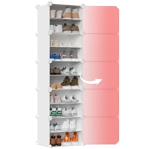 Homeland Plastic Shoe Rack - 10-White DIY Shoe Rack Organizer/Multi-Purpose Shoe Storage Cabinet with Door Expandable Portable and Folding Shoe Rack (10 Layer White)