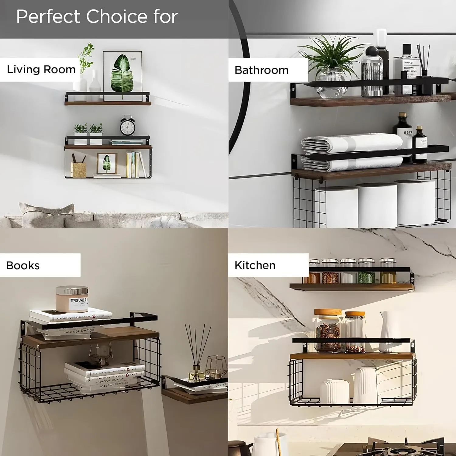 Homestic Floating Shelves (2pcs) with One Wire Storage Basket | Wooden Floating Wall Shelf| Wall Mount| Wall Rack| Wall Bracket for Home and Office Decor | Big Mounted Cabinets | BW0388