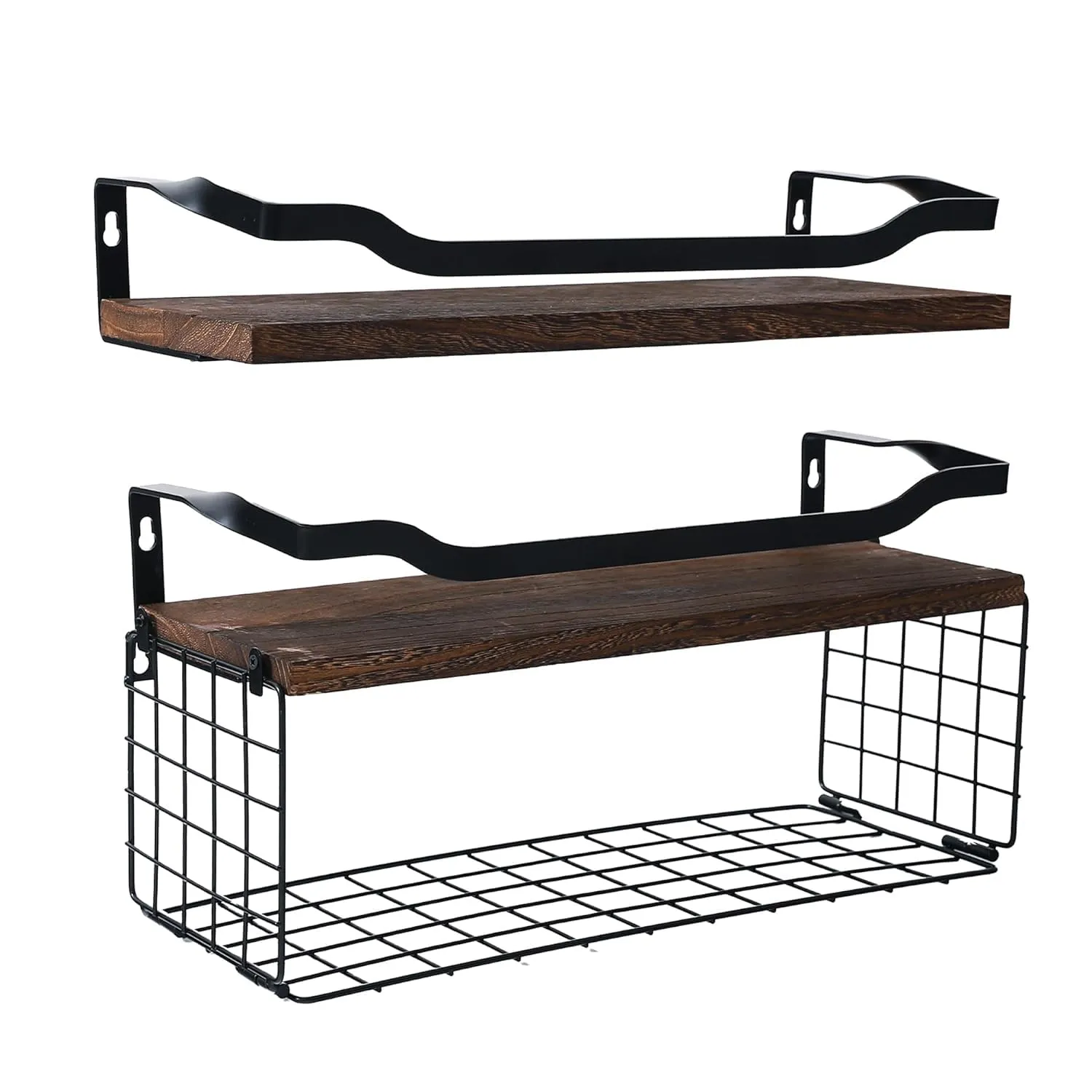 Homestic Floating Shelves (2pcs) with One Wire Storage Basket | Wooden Floating Wall Shelf| Wall Mount| Wall Rack| Wall Bracket for Home and Office Decor | Big Mounted Cabinets | BW0388