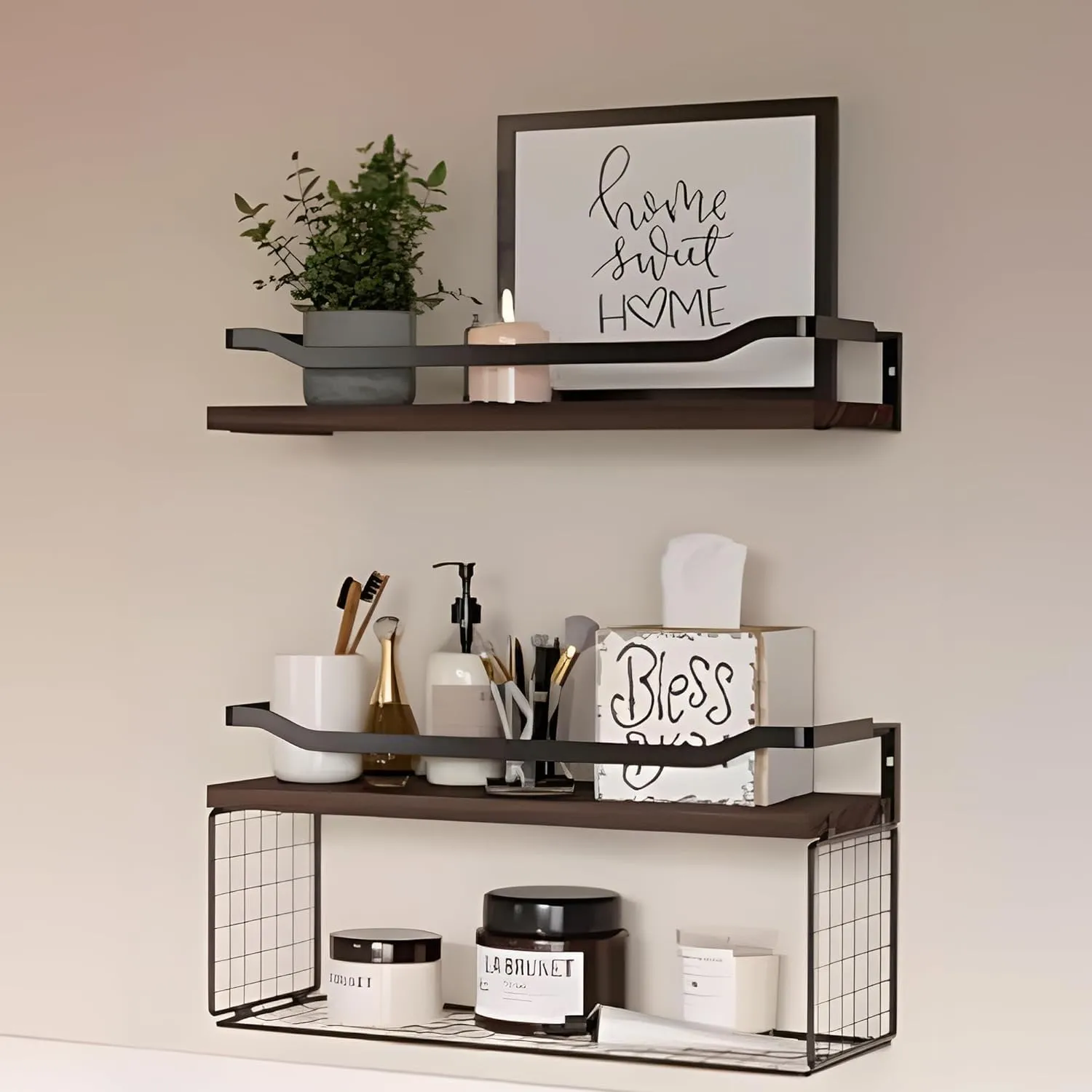 Homestic Floating Shelves (2pcs) with One Wire Storage Basket | Wooden Floating Wall Shelf| Wall Mount| Wall Rack| Wall Bracket for Home and Office Decor | Big Mounted Cabinets | BW0388