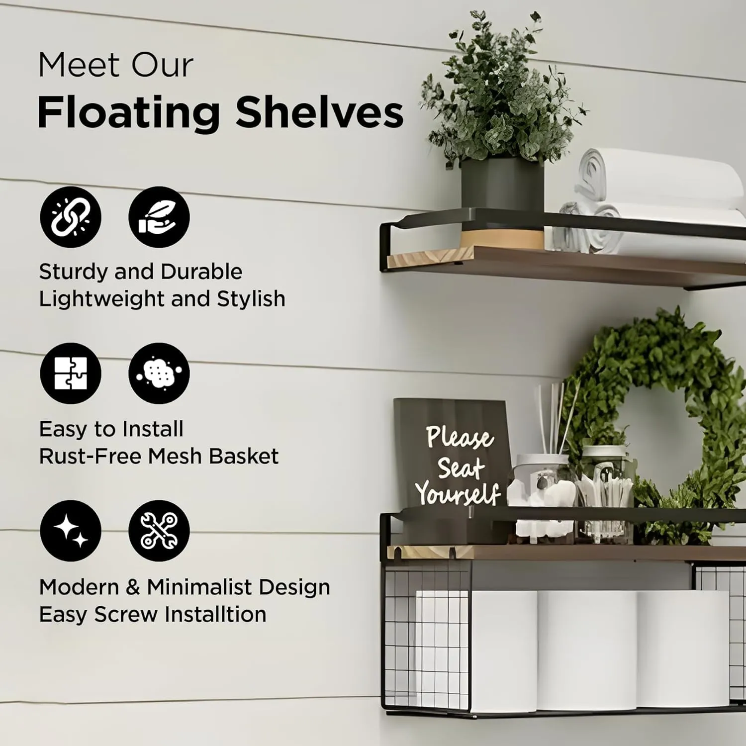 Homestic Floating Shelves (2pcs) with One Wire Storage Basket | Wooden Floating Wall Shelf| Wall Mount| Wall Rack| Wall Bracket for Home and Office Decor | Big Mounted Cabinets | BW0388