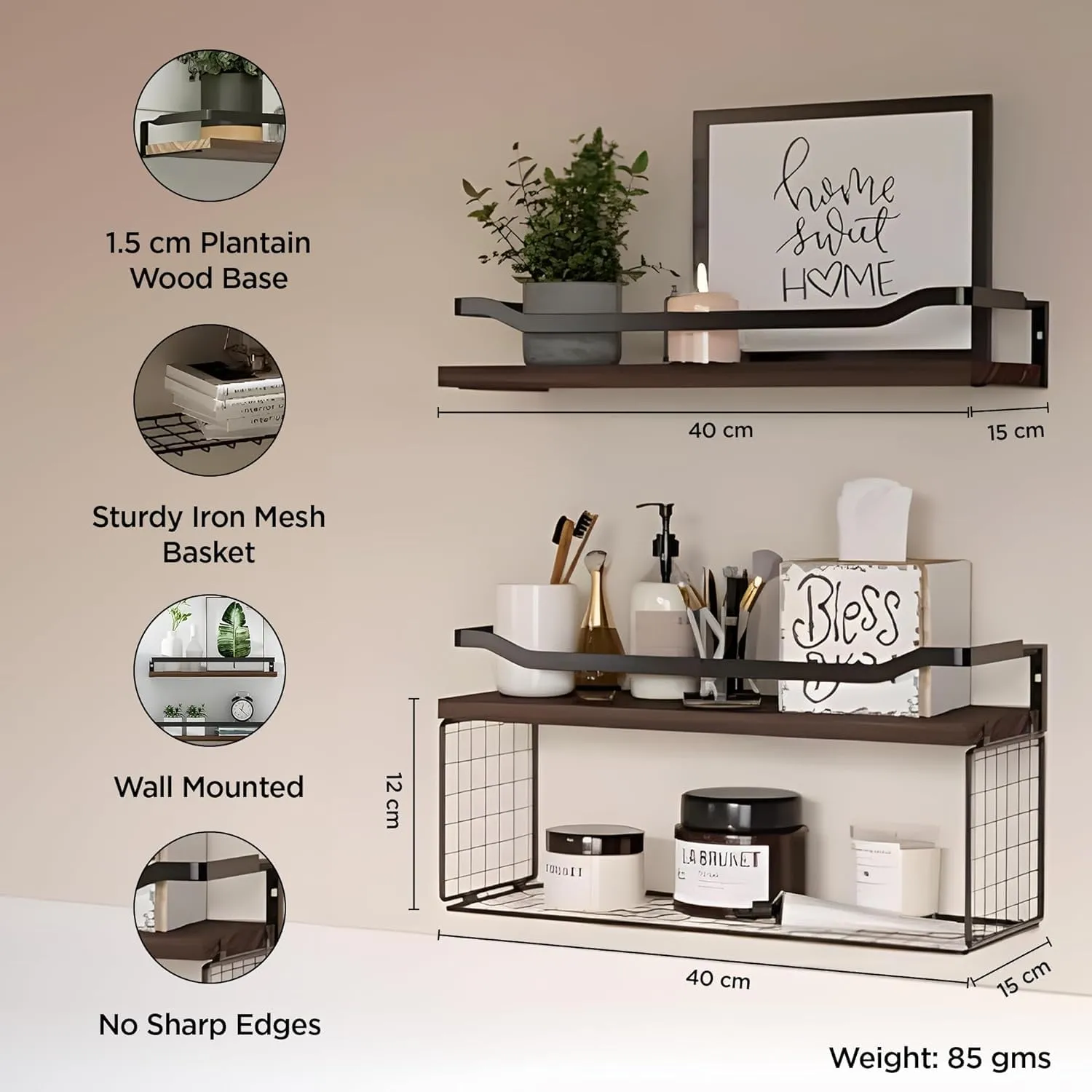 Homestic Floating Shelves (2pcs) with One Wire Storage Basket | Wooden Floating Wall Shelf| Wall Mount| Wall Rack| Wall Bracket for Home and Office Decor | Big Mounted Cabinets | BW0388