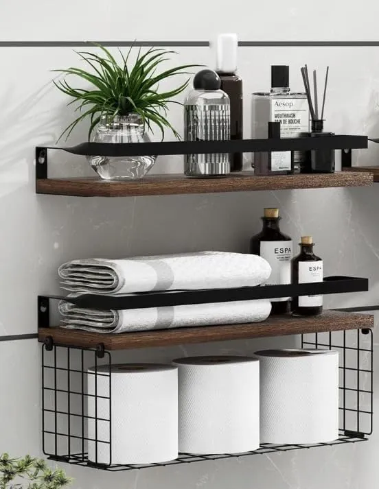 Homestic Floating Shelves (2pcs) with One Wire Storage Basket | Wooden Floating Wall Shelf| Wall Mount| Wall Rack| Wall Bracket for Home and Office Decor | Big Mounted Cabinets | BW0388