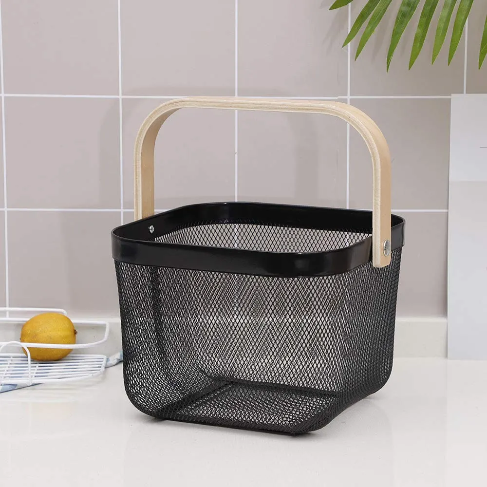 Homestic Metal Wire Basket With Handle|Storage Basket Fot Fruits, Books|Mesh Open Storage Bin|Storage Organizer|Black