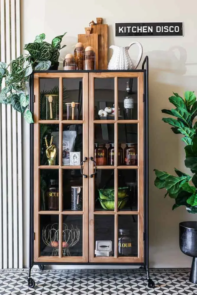 Industrial Style Wooden Display Cabinet On Wheels