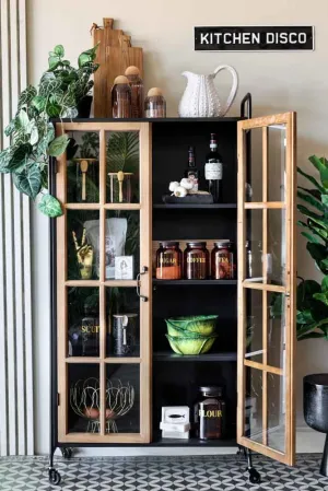 Industrial Style Wooden Display Cabinet On Wheels