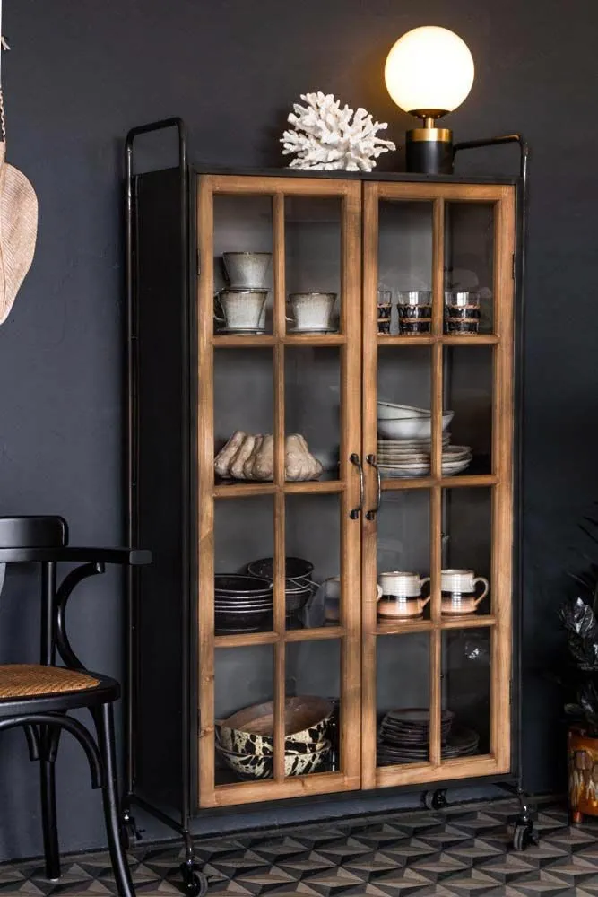 Industrial Style Wooden Display Cabinet On Wheels