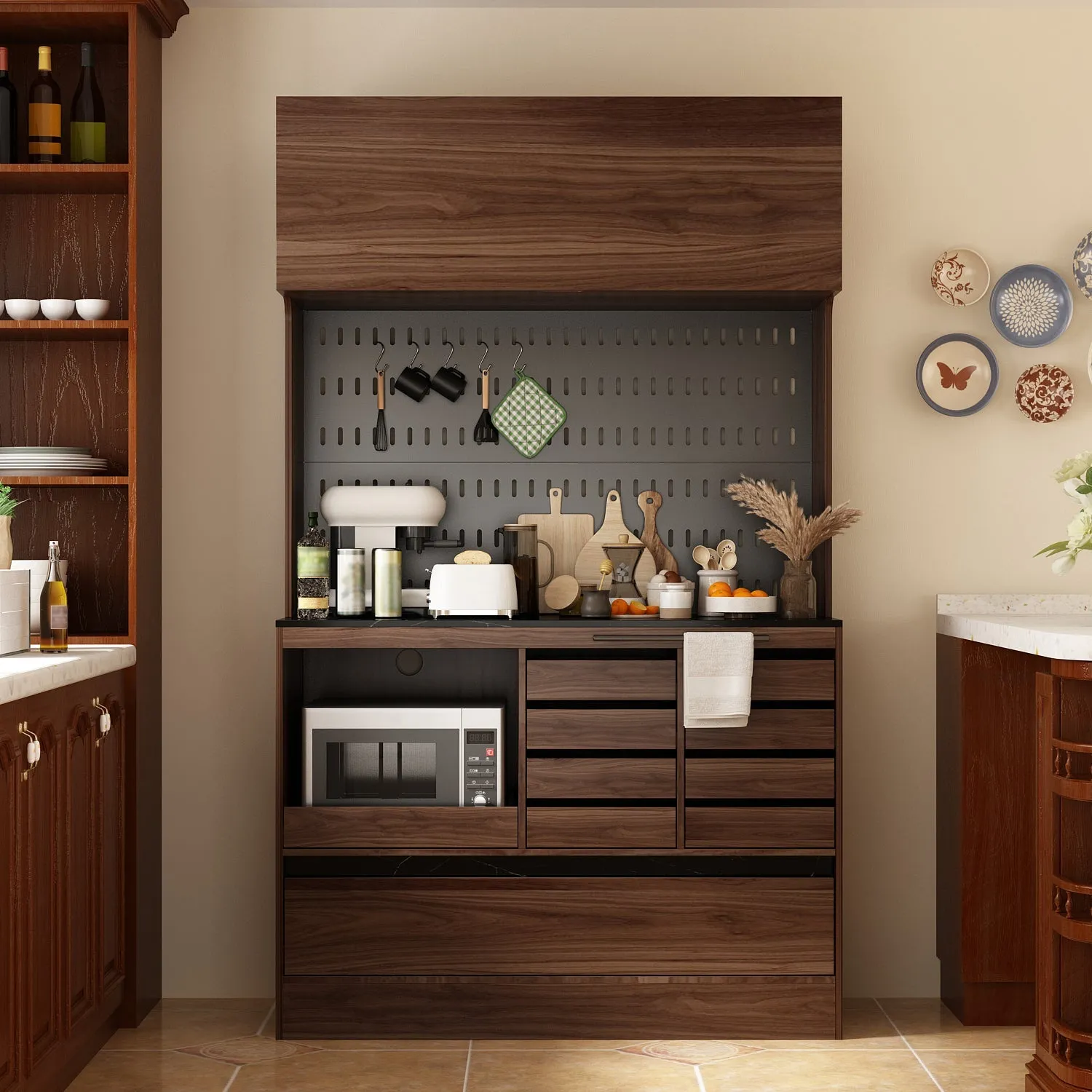 Kitchen Pantry Storage Cabinet Versatile Buffet Sideboard with Wine Storage and Drawers