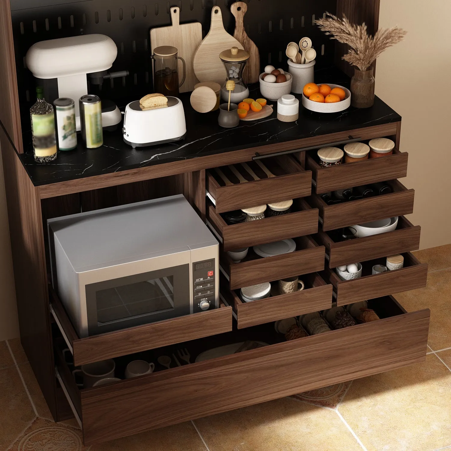 Kitchen Pantry Storage Cabinet Versatile Buffet Sideboard with Wine Storage and Drawers