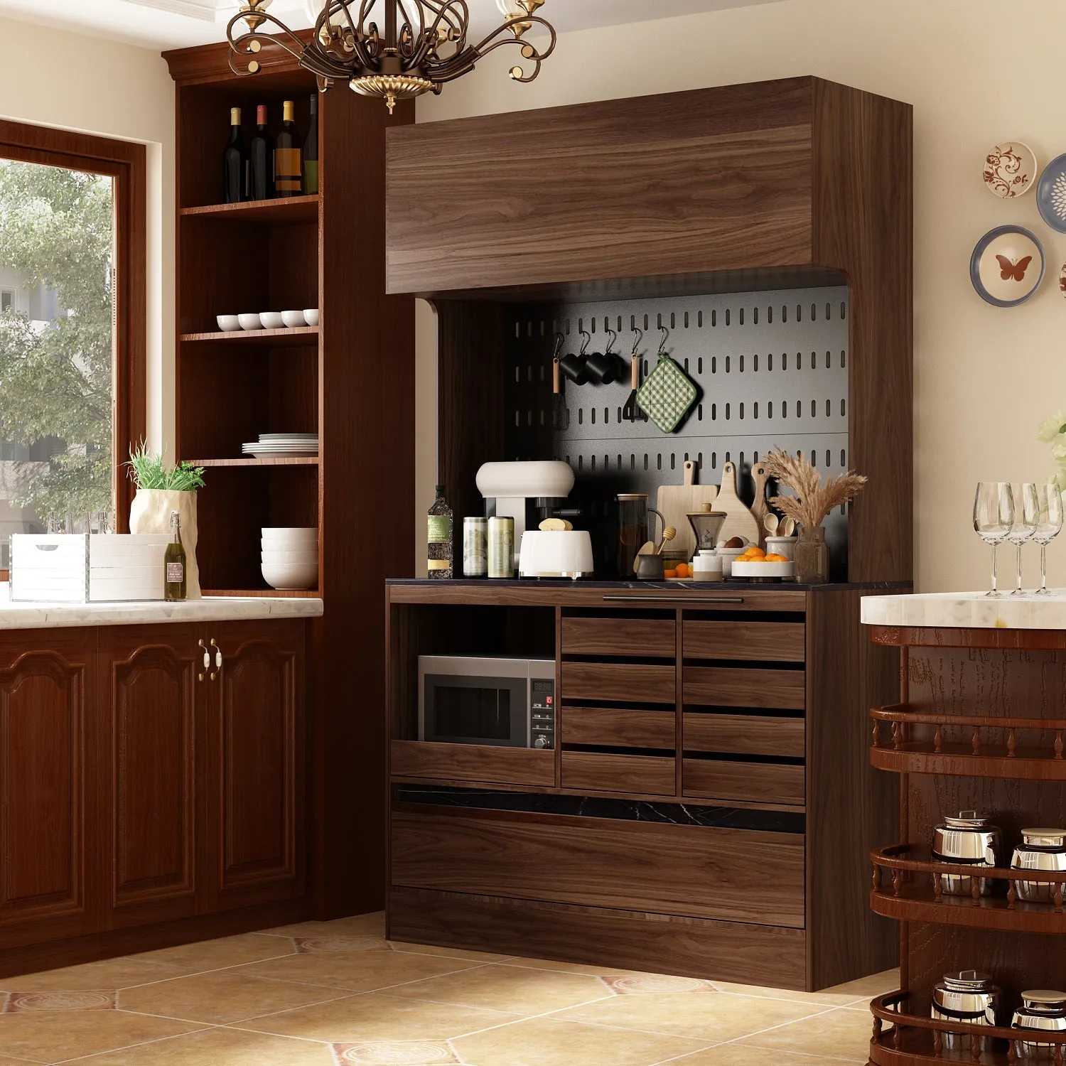 Kitchen Pantry Storage Cabinet Versatile Buffet Sideboard with Wine Storage and Drawers