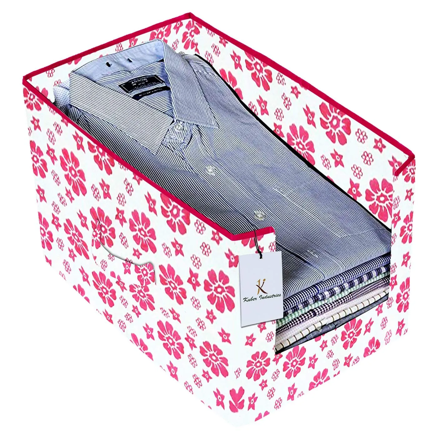 Kuber Industries Flower Printed 3 Piece Non Woven Shirt Stacker Wardrobe Organizer Set, (Pink) - CTKTC034991