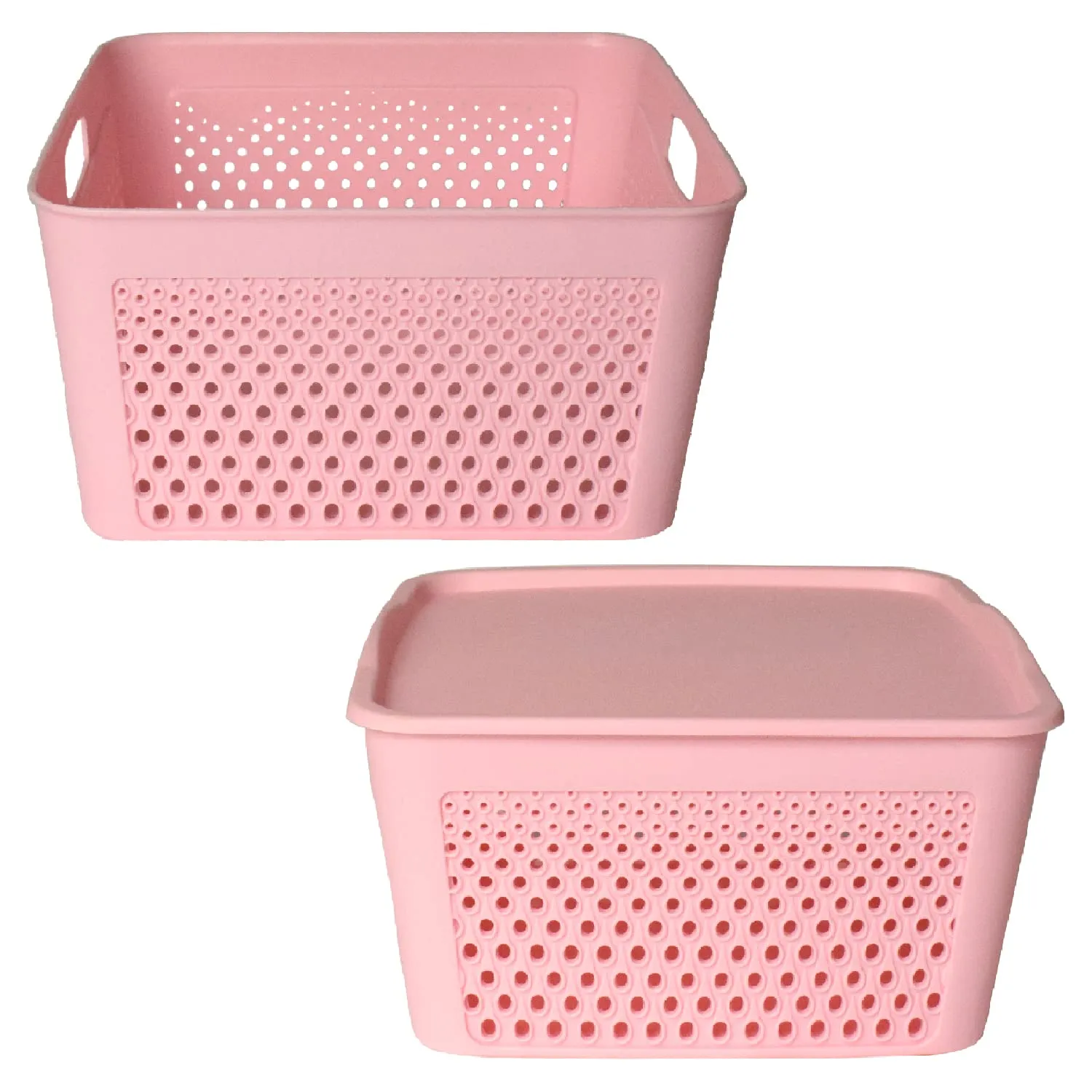 Kuber Industries Netted Design Unbreakable Multipurpose Square Shape Plastic Storage Baskets with lid Large (Pink)