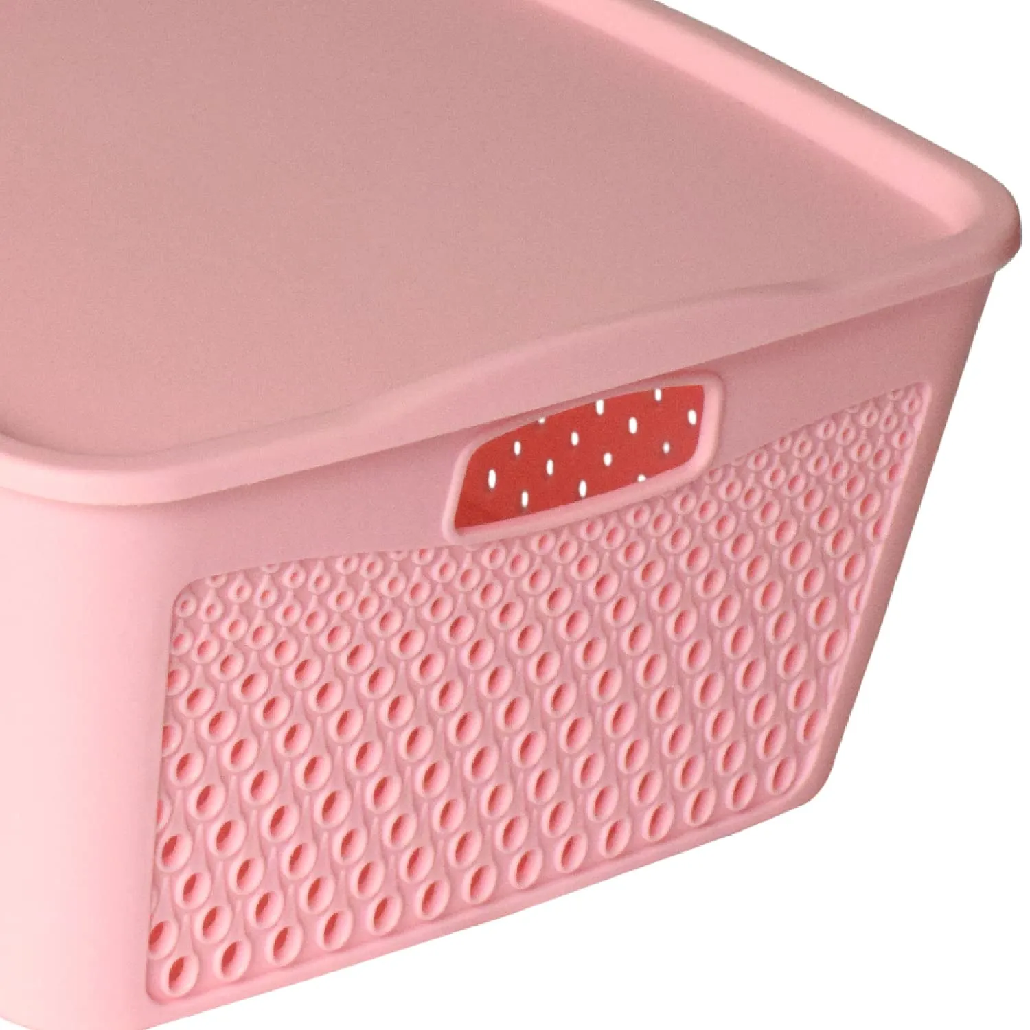 Kuber Industries Netted Design Unbreakable Multipurpose Square Shape Plastic Storage Baskets with lid Large (Pink)