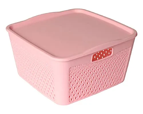 Kuber Industries Netted Design Unbreakable Multipurpose Square Shape Plastic Storage Baskets with lid Large (Pink)