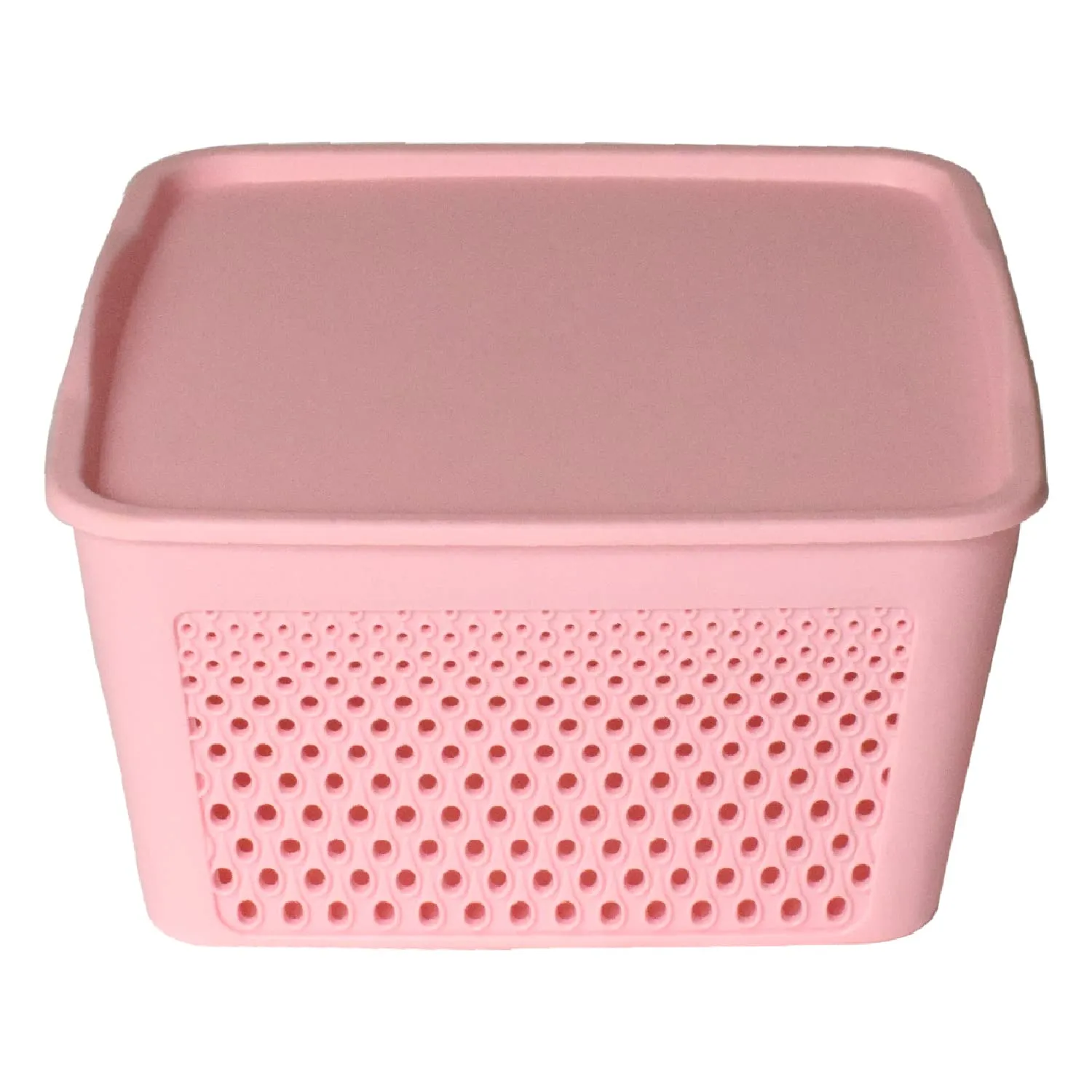 Kuber Industries Netted Design Unbreakable Multipurpose Square Shape Plastic Storage Baskets with lid Large (Pink)