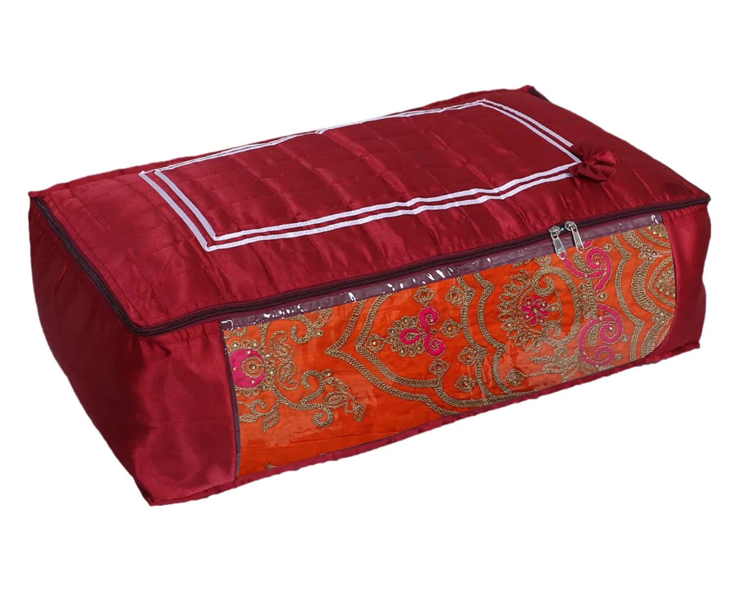 Kuber Industries Satin Bow Design Lehenga Cover|Foldable & Dustproof Salwar Suit Cover|Zipper Gown Organizer With Side Transparent (Maroon)