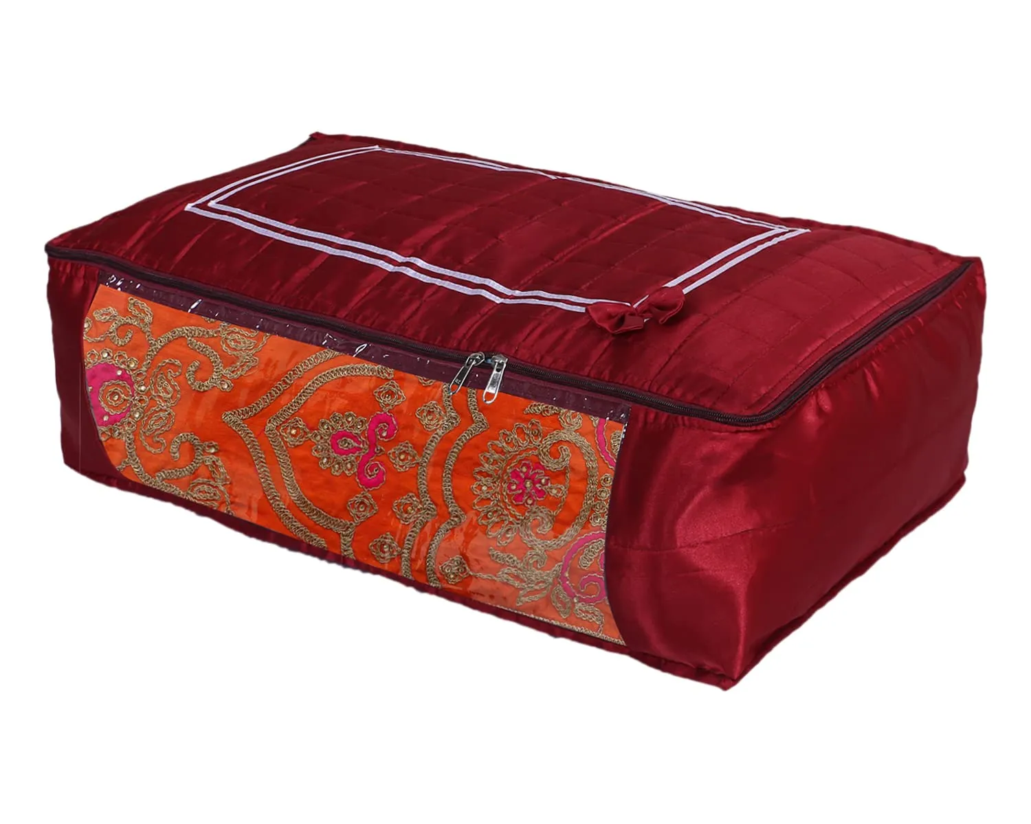 Kuber Industries Satin Bow Design Lehenga Cover|Foldable & Dustproof Salwar Suit Cover|Zipper Gown Organizer With Side Transparent (Maroon)