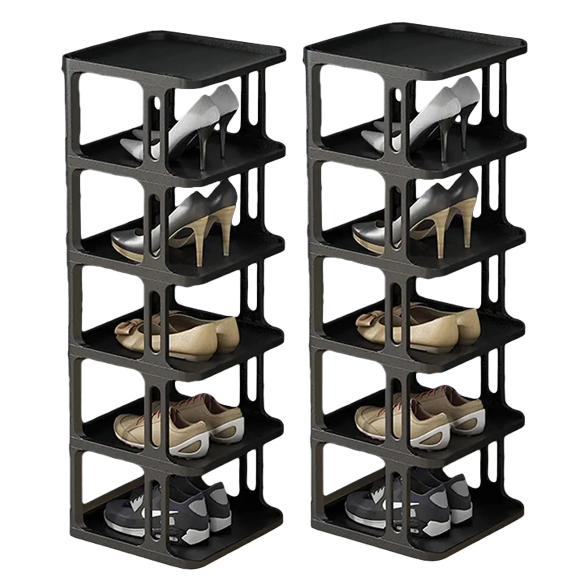 Kuber Industries (Set of 2) Waterproof Plastic Chappal Stand for Slipper & Footwear | 6-Layer Portable Shoe Rack For Home | Collapsible Design - Black