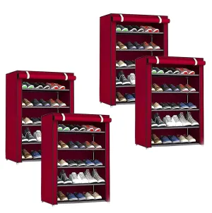 Kuber Industries Shoe Rack|Non-Woven 5 Shelves Shelf|Foldable Storage Rack Organizer for Shoe, Books-Pack of 4 (Maroon)