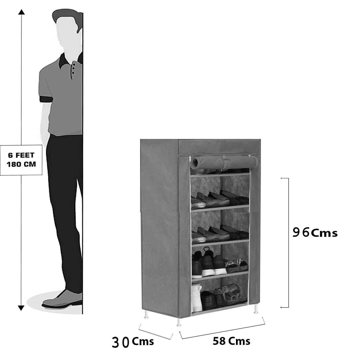 Kuber Industries Shoe Rack|Non-Woven 5 Shelves Shelf|Foldable Storage Rack Organizer for Shoe, Books-Pack of 6 (Grey)